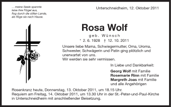 Traueranzeige von Rosa Wolf von Schwäbische Post