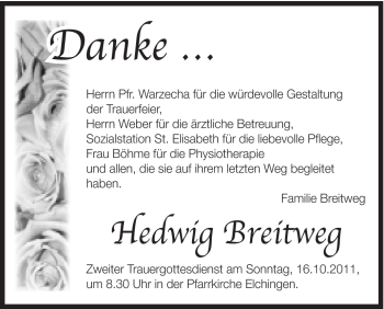 Traueranzeige von Hedwig Breitweg von Schwäbische Post