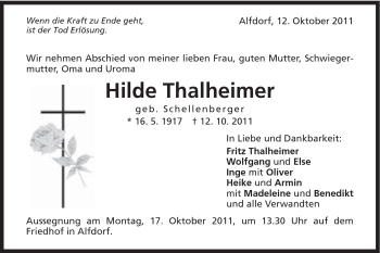 Traueranzeige von Hilde Thalheimer von Gmünder Tagespost