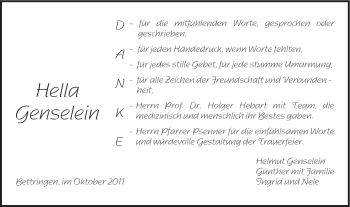 Traueranzeige von Hella Genselein von Gmünder Tagespost