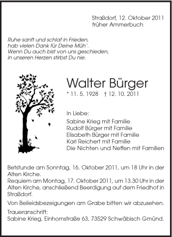 Traueranzeige von Walter Bürger von Gmünder Tagespost