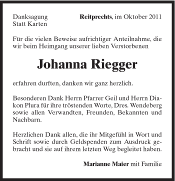 Traueranzeige von Johanna Riegger von Gmünder Tagespost