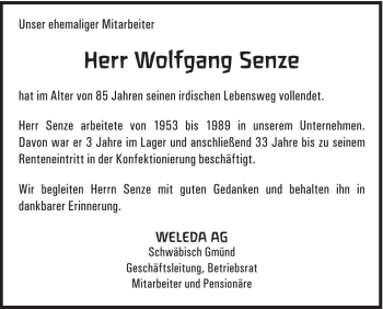 Traueranzeige von Wolfgang Senze von Gmünder Tagespost