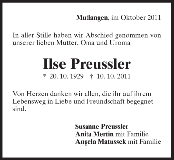Traueranzeige von Ilse Preussler von Gmünder Tagespost