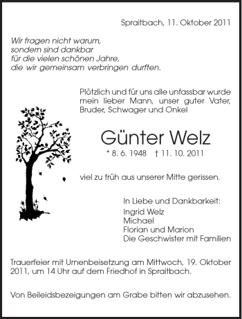 Traueranzeige von Günter Welz von Gmünder Tagespost