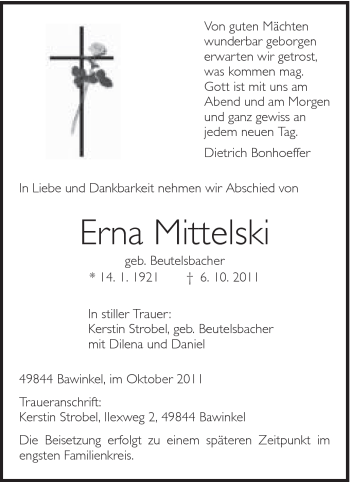 Traueranzeige von Erna Mittelski von Schwäbische Post