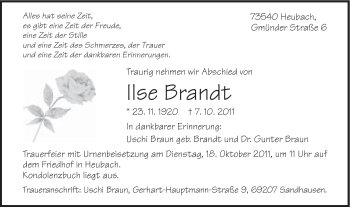 Traueranzeige von Ilse Brandt von Gmünder Tagespost
