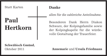 Traueranzeige von Paul Hertkorn von Gmünder Tagespost