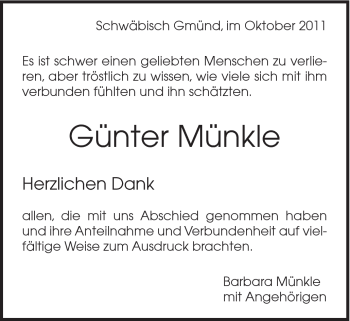 Traueranzeige von Günter Münkle von Gmünder Tagespost