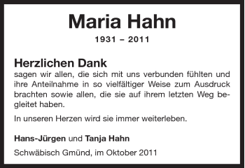 Traueranzeige von Maria Hahn von Gmünder Tagespost