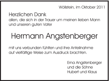 Traueranzeige von Angstenberger Hermann von Schwäbische Post