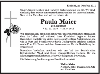 Traueranzeige von Paula Maier von Gmünder Tagespost