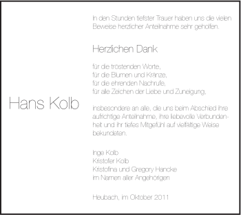 Traueranzeige von Hans Kolb von Gmünder Tagespost