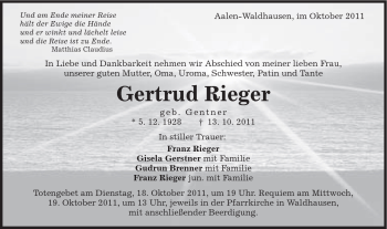 Traueranzeige von Gertrud Rieger von Schwäbische Post