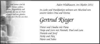 Traueranzeige von Gertrud Rieger von Schwäbische Post