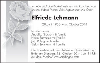 Traueranzeige von Elfriede Lehmann von Schwäbische Post