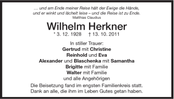 Traueranzeige von Wilhelm Herkner von Schwäbische Post
