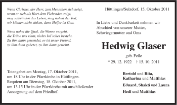 Traueranzeige von Hedwig Glaser von Schwäbische Post