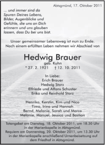Traueranzeige von Hedwig Brauer von Schwäbische Post