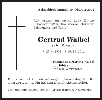 Traueranzeige von Gertrud Waibel von Gmünder Tagespost