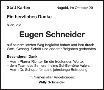 Traueranzeige von Eugen Schneider von Schwäbische Post