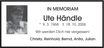 Traueranzeige von Ute Händle von Schwäbische Post