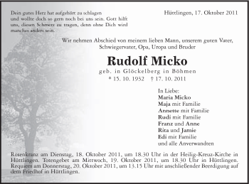 Traueranzeige von Rudolf Micko von Schwäbische Post