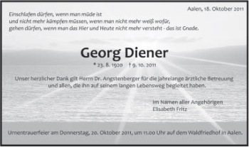 Traueranzeige von Georg Diener von Schwäbische Post