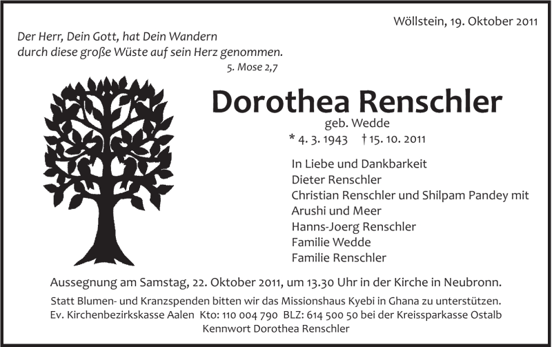  Traueranzeige für Dorothea Renschler vom 19.10.2011 aus Schwäbische Post