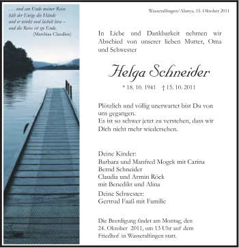 Traueranzeige von Helga Schneider von Schwäbische Post