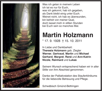 Traueranzeige von Martin Holzmann von Gmünder Tagespost