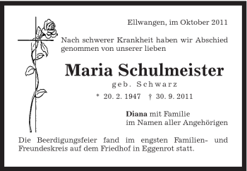 Traueranzeige von Maria Schulmeister von Schwäbische Post