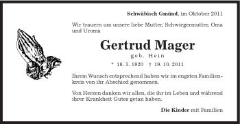 Traueranzeige von Gertrud Mager von Gmünder Tagespost