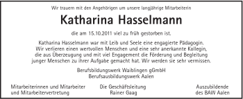 Traueranzeige von Katharina Hasselmann von Schwäbische Post