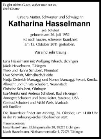Traueranzeige von Katharina Hasselmann von Schwäbische Post