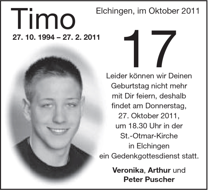  Traueranzeige für Timo Puscher vom 25.10.2011 aus Schwäbische Post
