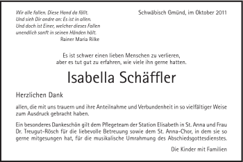 Traueranzeige von Isabella Schäffler von Gmünder Tagespost