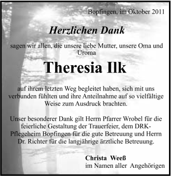Traueranzeige von Theresia Ilk von Schwäbische Post