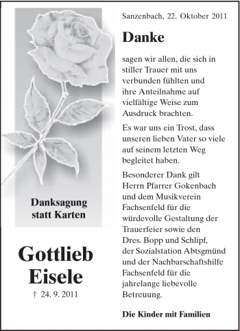 Traueranzeige von Eisele Gertrud von Schwäbische Post