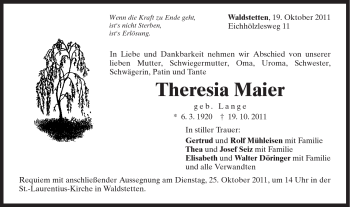 Traueranzeige von Theresia Maier von Gmünder Tagespost