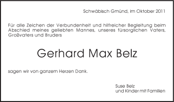 Traueranzeige von Gerhard Max Belz von Gmünder Tagespost