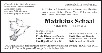 Traueranzeige von Matthäus Schaal von Schwäbische Post
