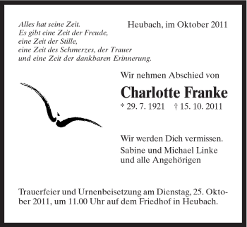 Traueranzeige von Charlotte Franke von Gmünder Tagespost