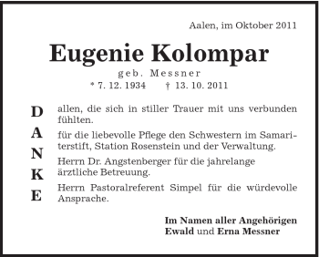 Traueranzeige von Eugenie Kolompar von Schwäbische Post