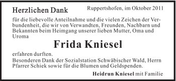 Traueranzeige von Frida Kniesel von Gmünder Tagespost