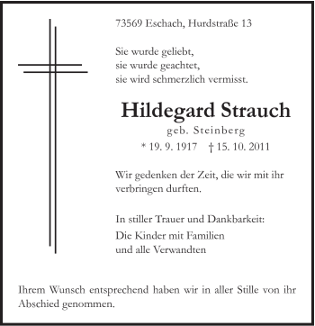 Traueranzeige von Hildegard Strauch von Gmünder Tagespost
