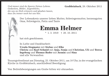 Traueranzeige von Emma Helmer von Gmünder Tagespost