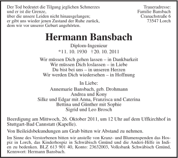 Traueranzeige von Hermann Bansbach von Gmünder Tagespost