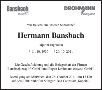 Traueranzeige von Hermann Bansbach von Gmünder Tagespost
