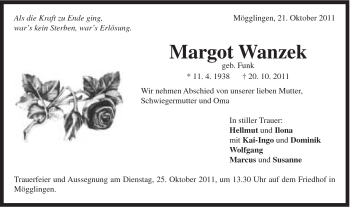 Traueranzeige von Margot Wanzek von Gmünder Tagespost